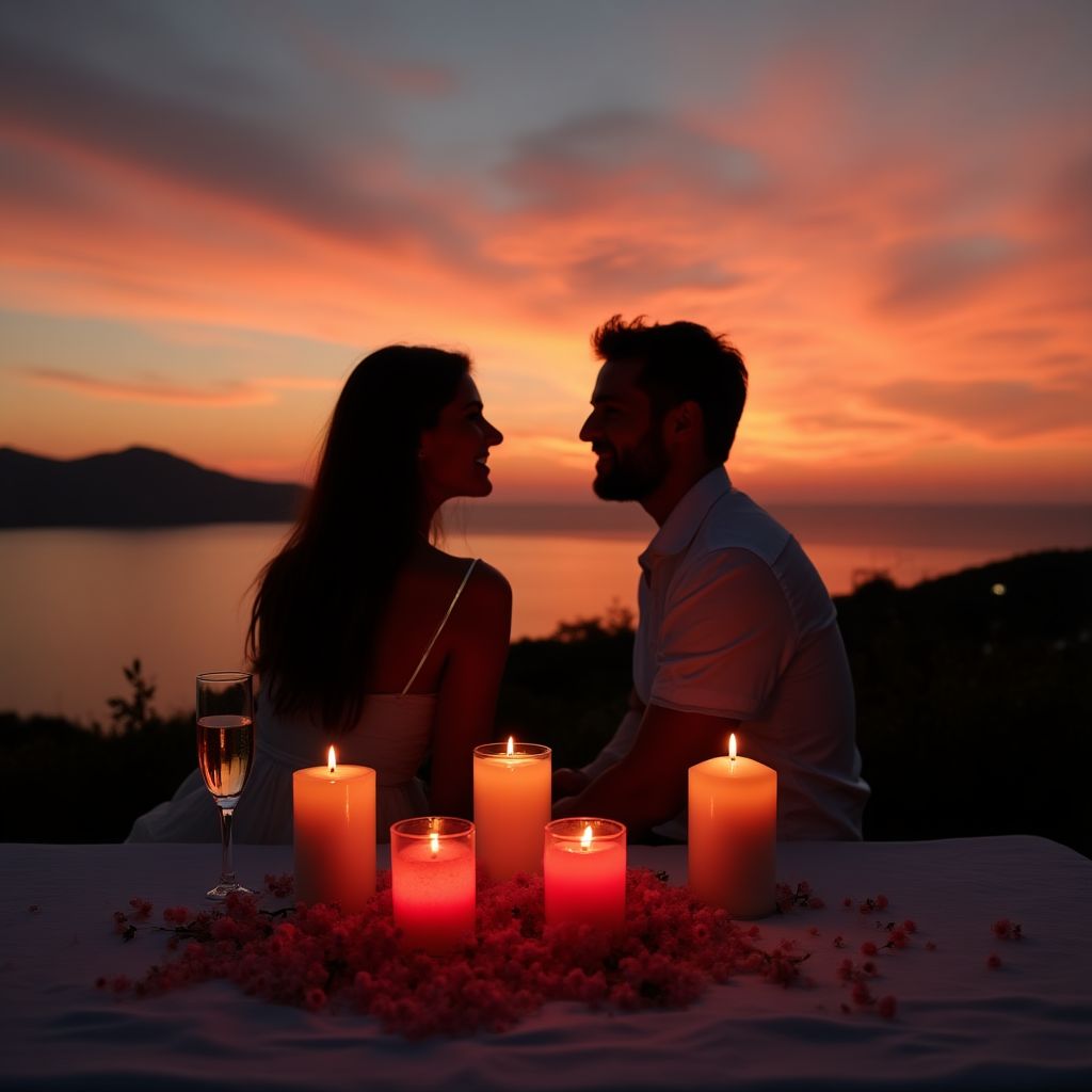 Pareja disfrutando de una cena romántica con vista al mar